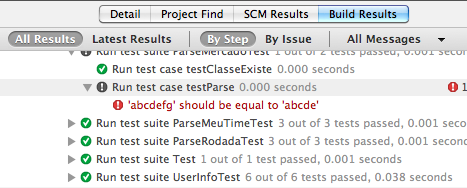 Exibição dos erros no framework padrão: visão hierárquica dos testes